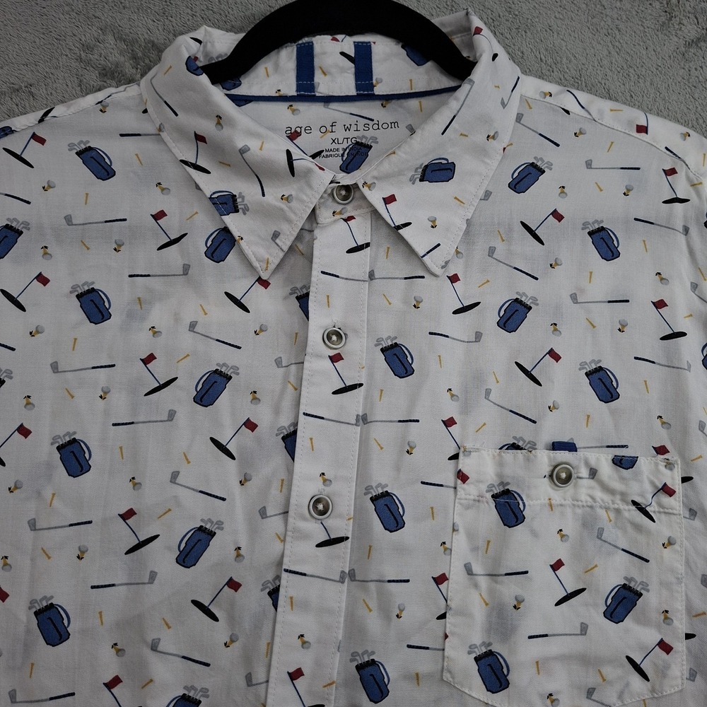 Age of Wisdom Button Up Shirt XL Golf‎ Print Modal Short Sleeve White Cool Wear